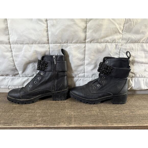 Karl Lagerfeld Paris Women Booties Payson Combat Black Boot Embellished Size 7.5 - Picture 1 of 5
